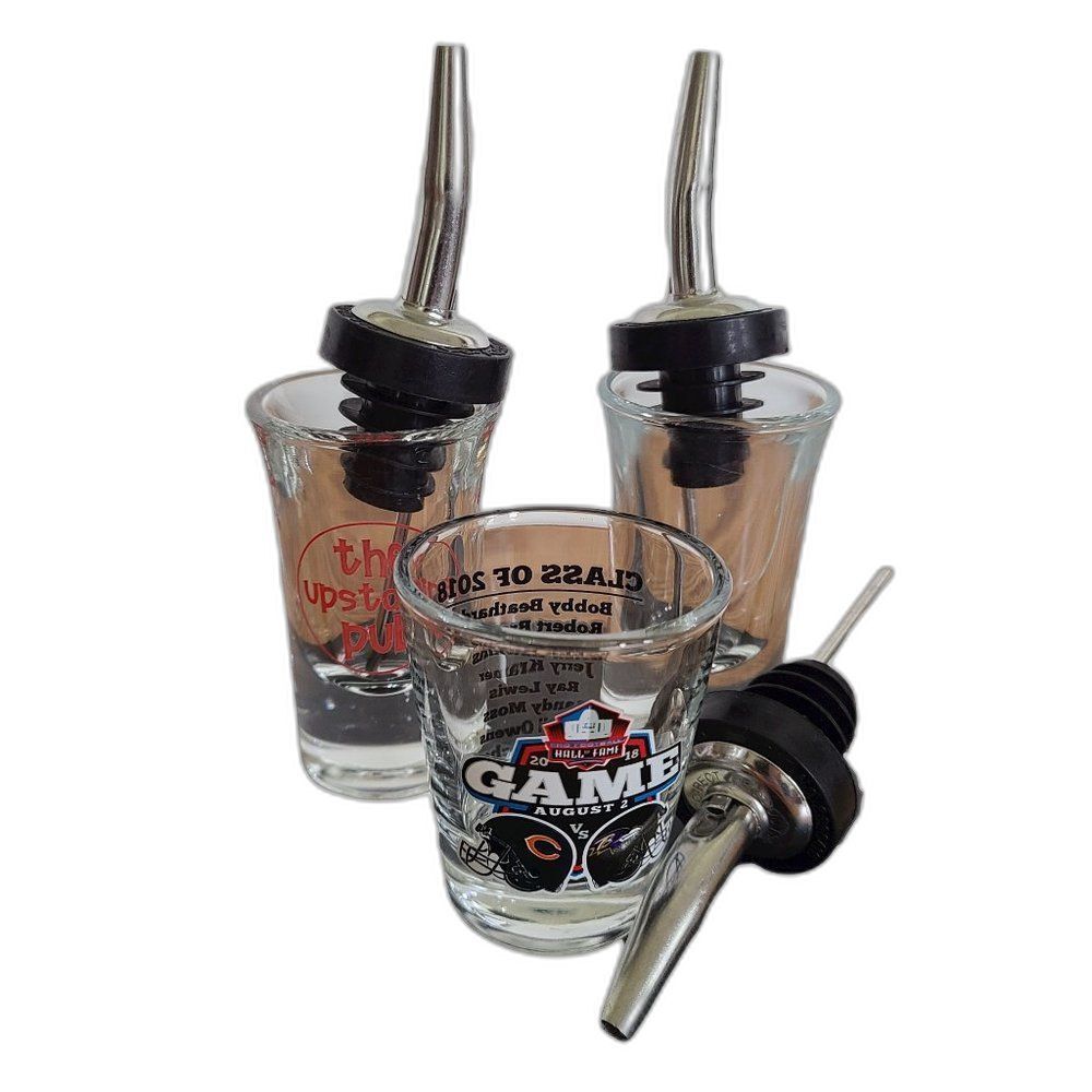 Barware Lot Including Shot Glasses and Liquid Pourer Spouts Sets of Three Each